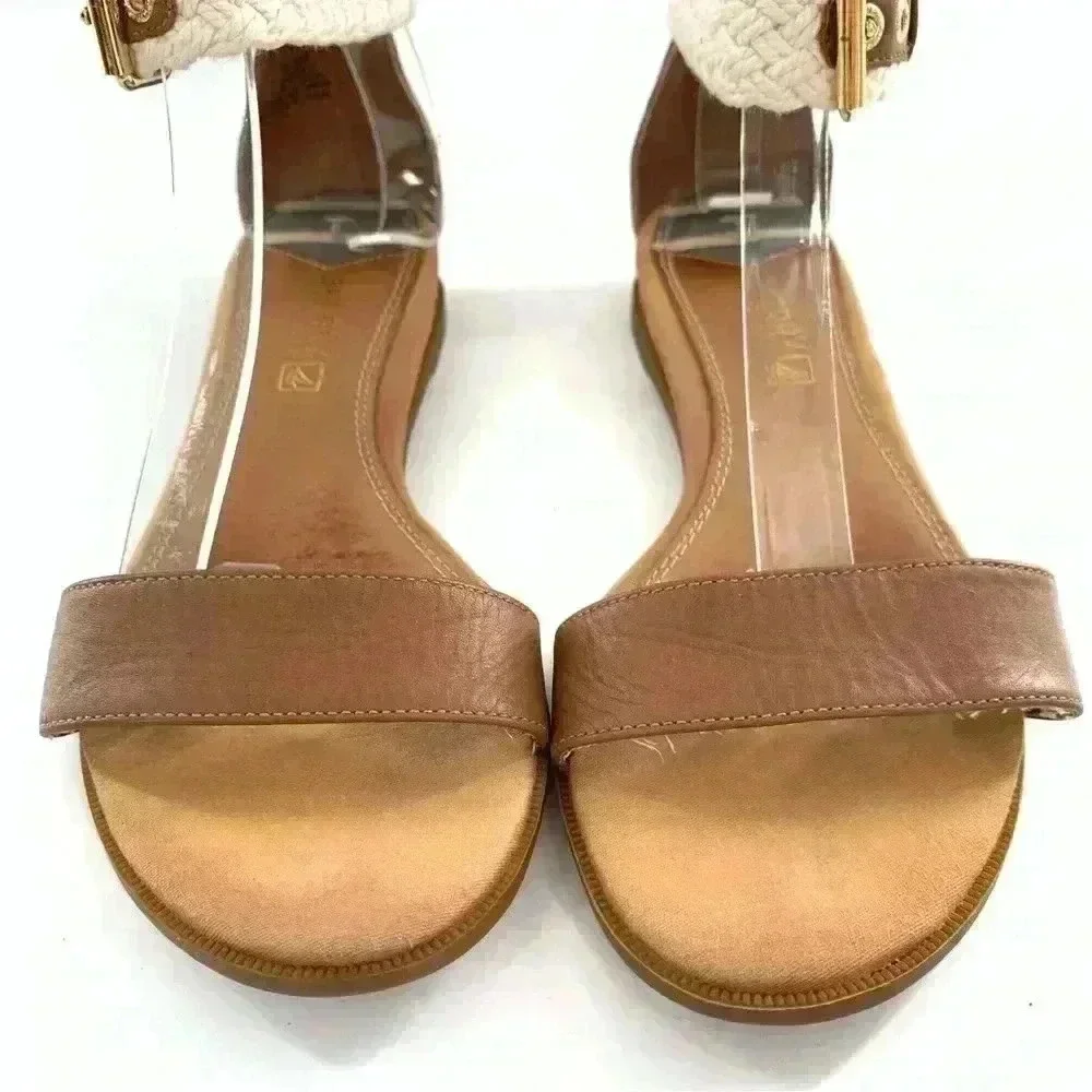 Sperry womens sandals size 5.5 brown leather nautical ankle strap cork wedges